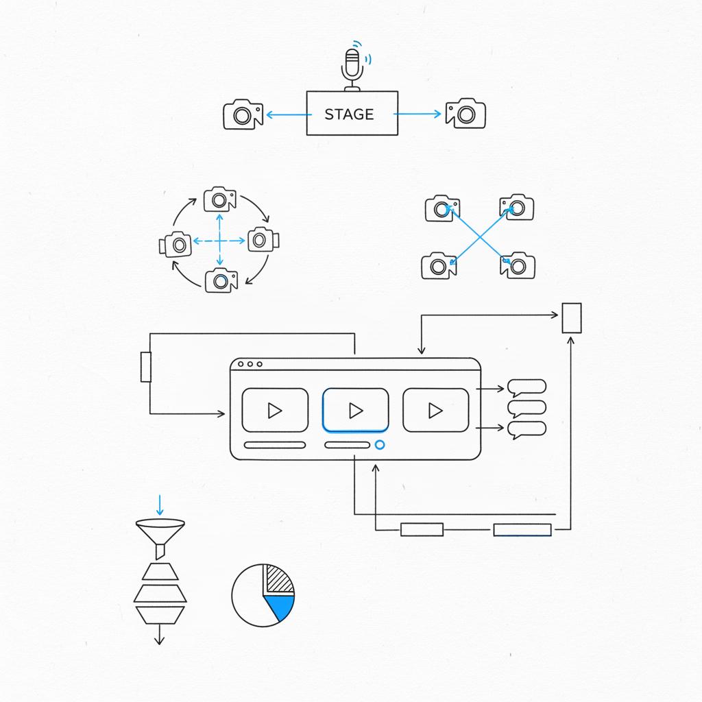 Notebook-style vector sketch of a hybrid event setup with stage, camera positions, and a simplified platform interface showing chat and video thumbnails &mdash; 4 Ps of event marketing