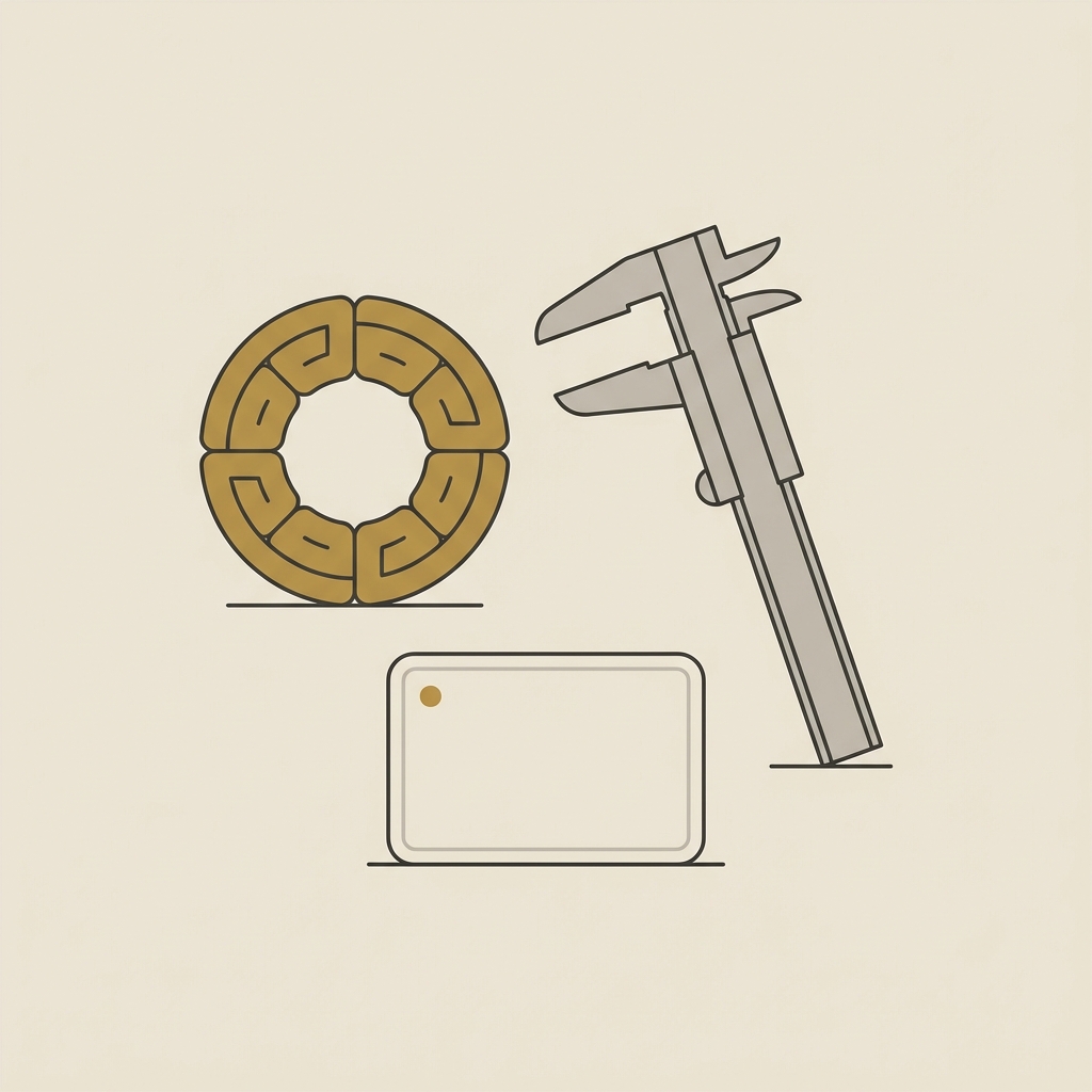Minimalist 2D vector flat lay of an ancient celtic ring money beside a measurement caliper and blank provenance card on a soft beige background
