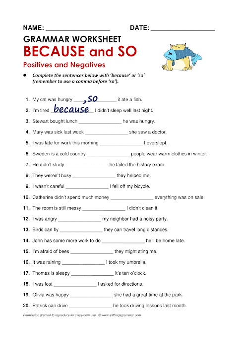 نشاط مع الحل لقاعدة because and so غير محلول - إنجليزي الصف 7 الفصل 2