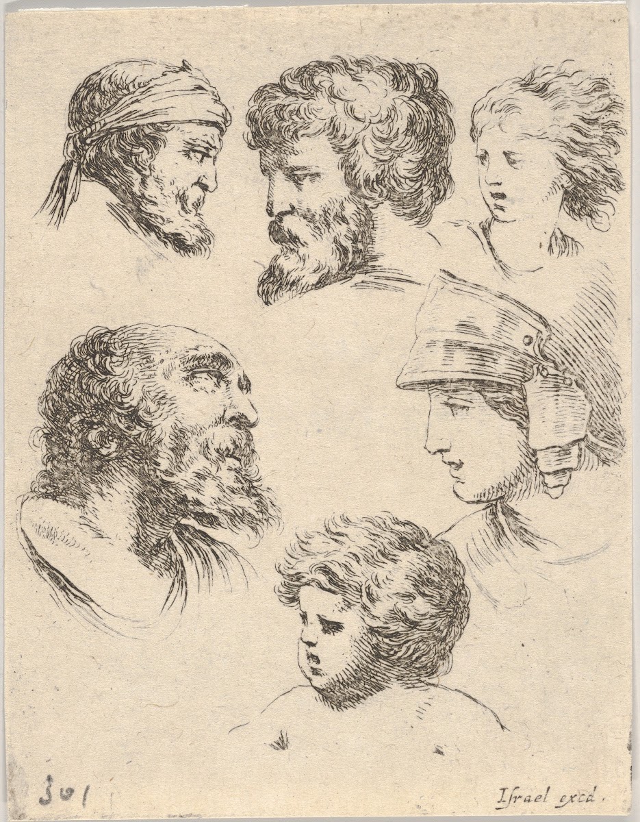 Plate 10 six heads three bearded men one soldier and two children 1649