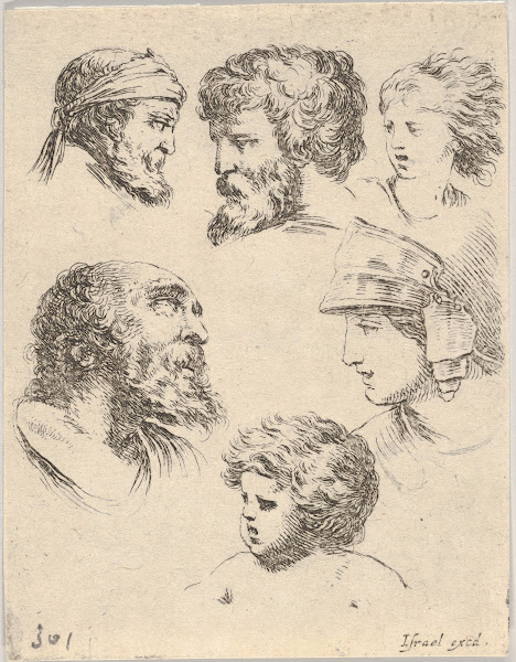Plate 10 six heads three bearded men one soldier and two children 1649