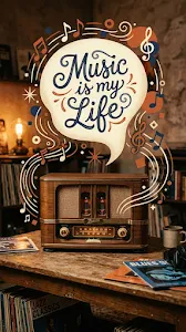 Retro Radio with 'Music is my Life' Decorative Typography
