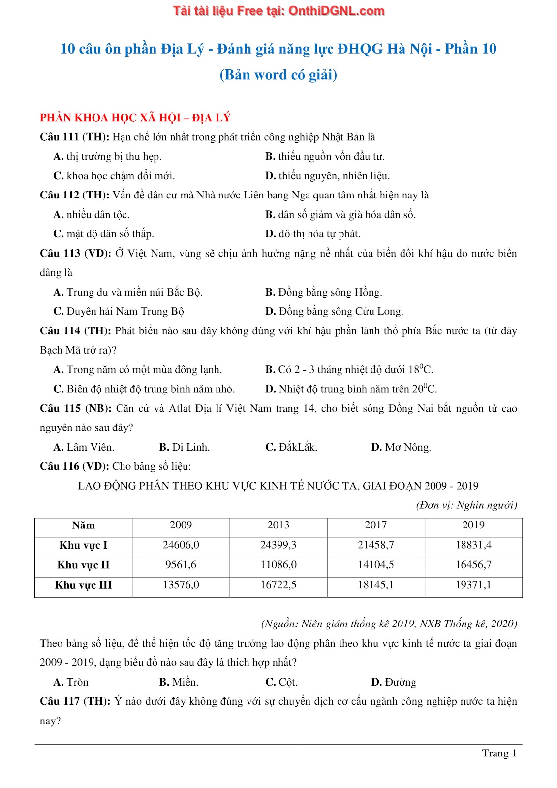 150bài tập môn Địa Lý - Ôn thi ĐGNL ĐHQG TP hà nội Phần 10