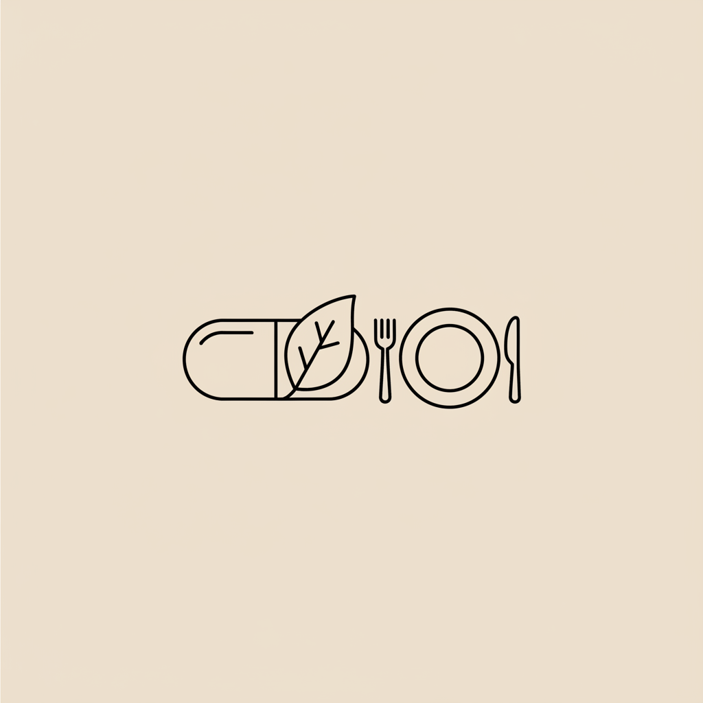 Tonum-style line icon of a capsule, leaf and plate with cutlery on beige background — can b12 deficiency cause weight gain