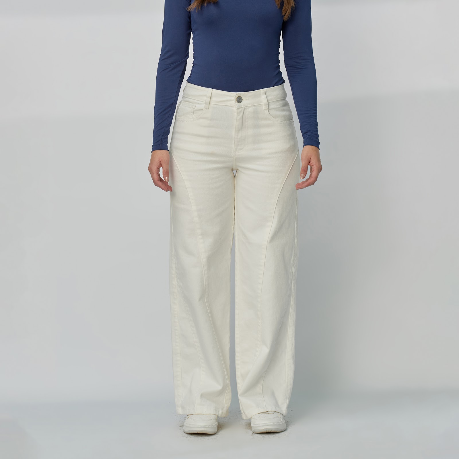 Jean dama Wide Leg tiro alto licrado con detalle de costuras, color Ivory - Vista 2