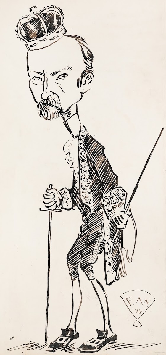 A man wearing a crown in fancy dress with a rapier in both hands