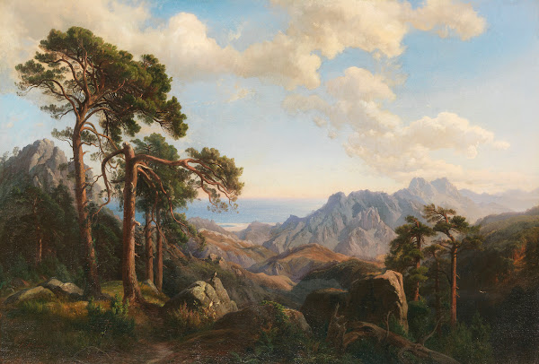 Aussicht vom Col di Sorba bei Vivario mit Pinien Korsika 1871