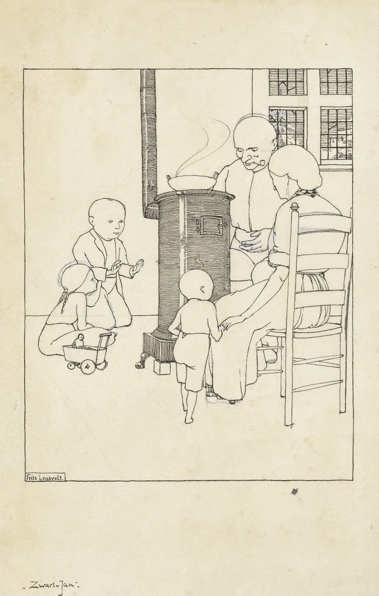 Oude man en vrouw en kinderen rond een kachel 1910