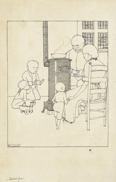 Oude man en vrouw en kinderen rond een kachel 1910