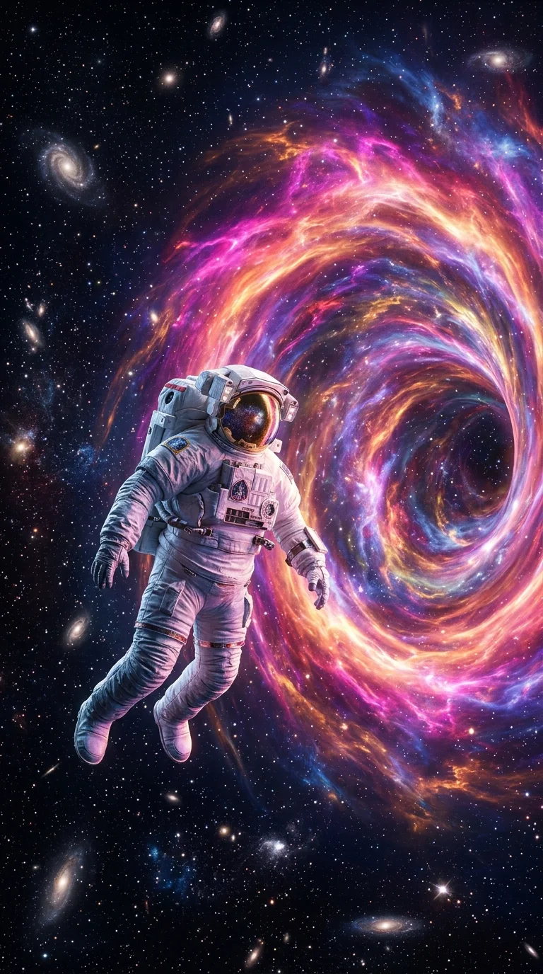 3D Render of an Astronaut Floating Toward a Glowing Galactic Nebula Portal - Free 8K and 4K mobile Wallpaper Background
