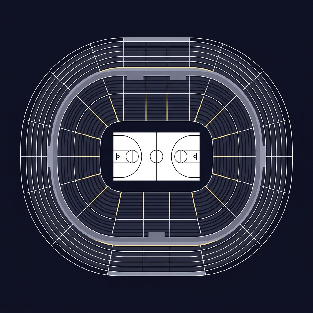 Overhead vector illustration of an arena bowl highlighting unique sightlines and court backdrop in Funded Plays palette Why Home-Court Advantage Is Stronger in Some Arenas