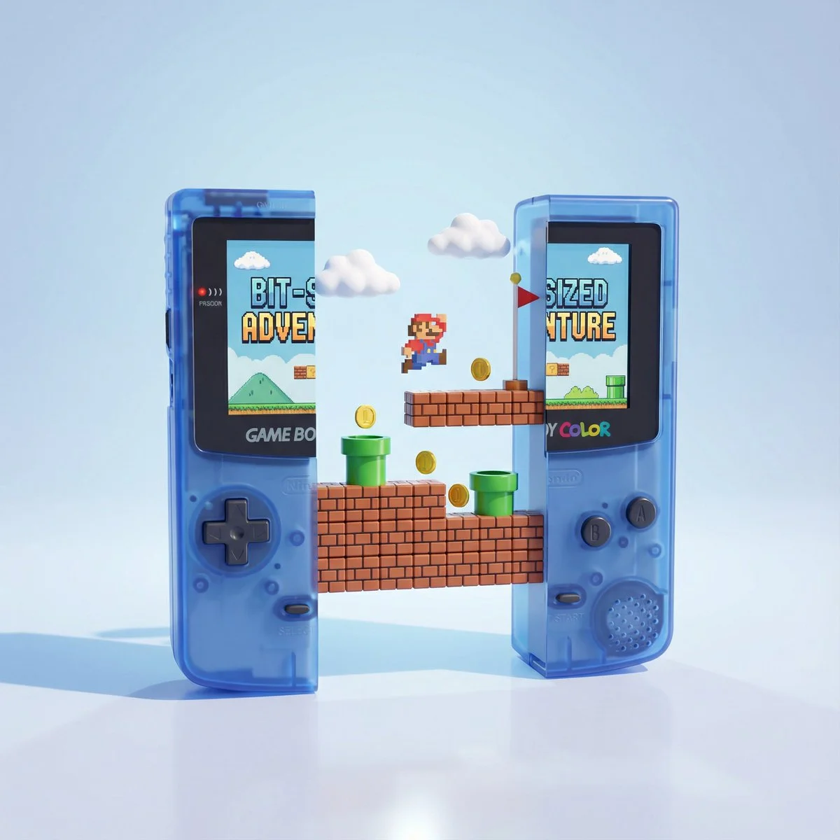 Renderizado 3D altamente pulido de una consola de juegos portátil clásica con un mundo de plataformas flotantes.