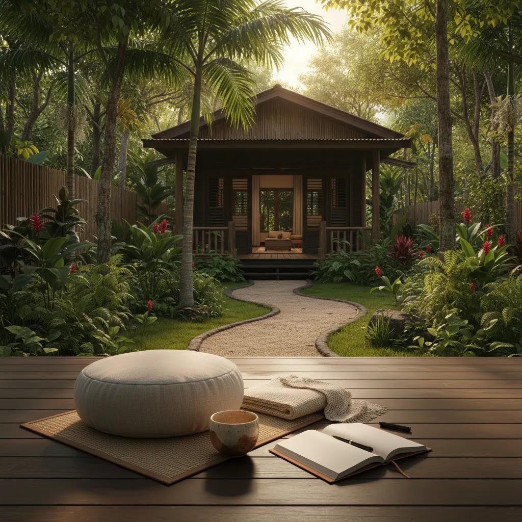 Meditation Singapore retreat image with cushion, tea, and peaceful tropical setting for a mindful weekend course