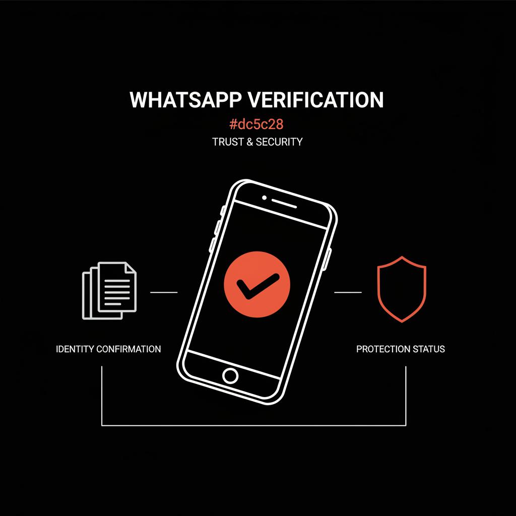 Minimal vector infographic on black background showing a stylized phone with a check badge, documents stack, and shield icon in brand colors #dc5c2b and #dddddd — WhatsApp verification badge