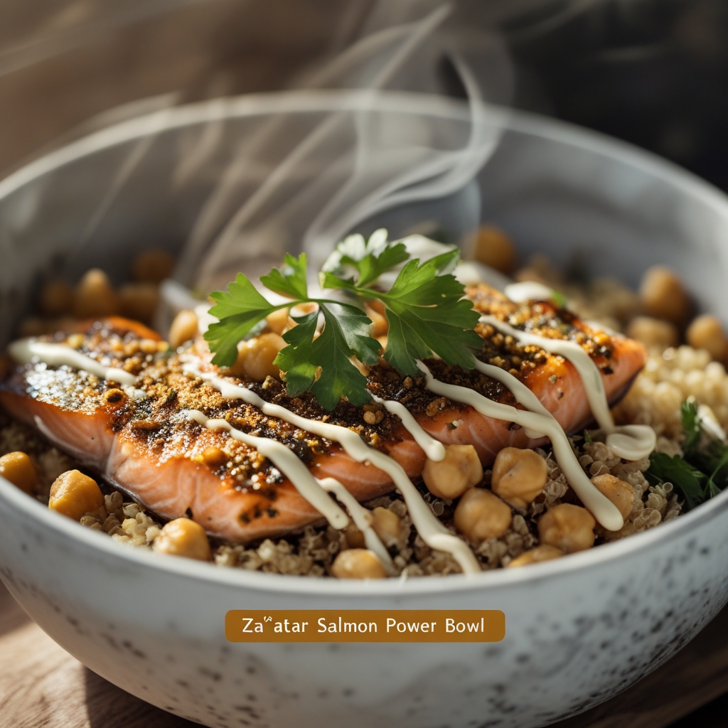 Crispy Za'atar Salmon Power Bowls with Whipped Lemon-Tahini & Crispy Chickpeas