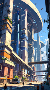 Bright Futuristic City Street Level Architecture
