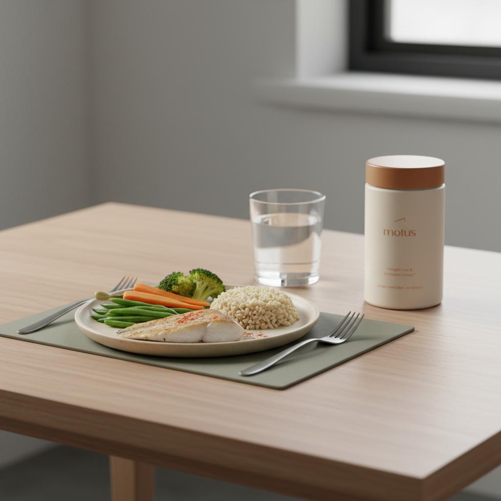 What lowers blood sugar naturally quickly? Post-meal plate with vegetables, whole grains, grilled fish and a discreet Tonum Motus container on a minimalist table, soft natural light.