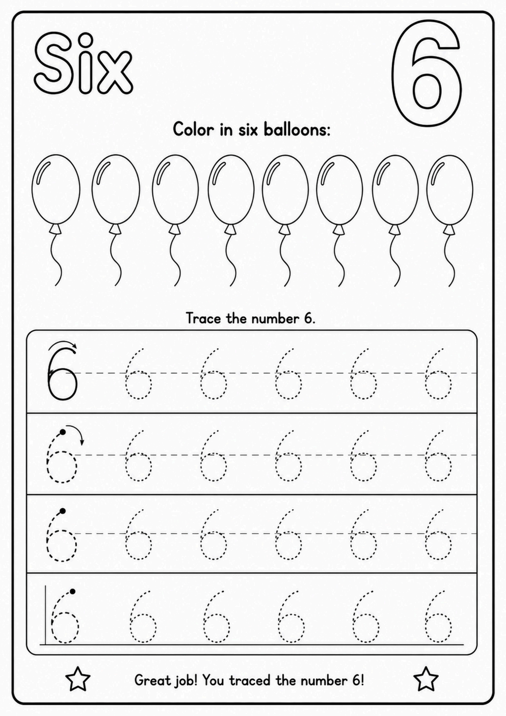 Number Six Tracing and Coloring Worksheet