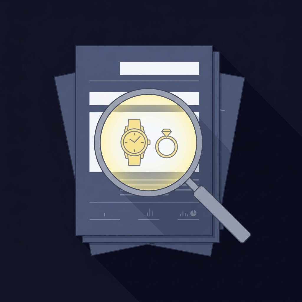 Minimalist 2D vector of stacked annual reports with a magnifying glass highlighting a watches and jewelry section shown by a watch and ring icons on a dark Funded Plays background diamond sports book