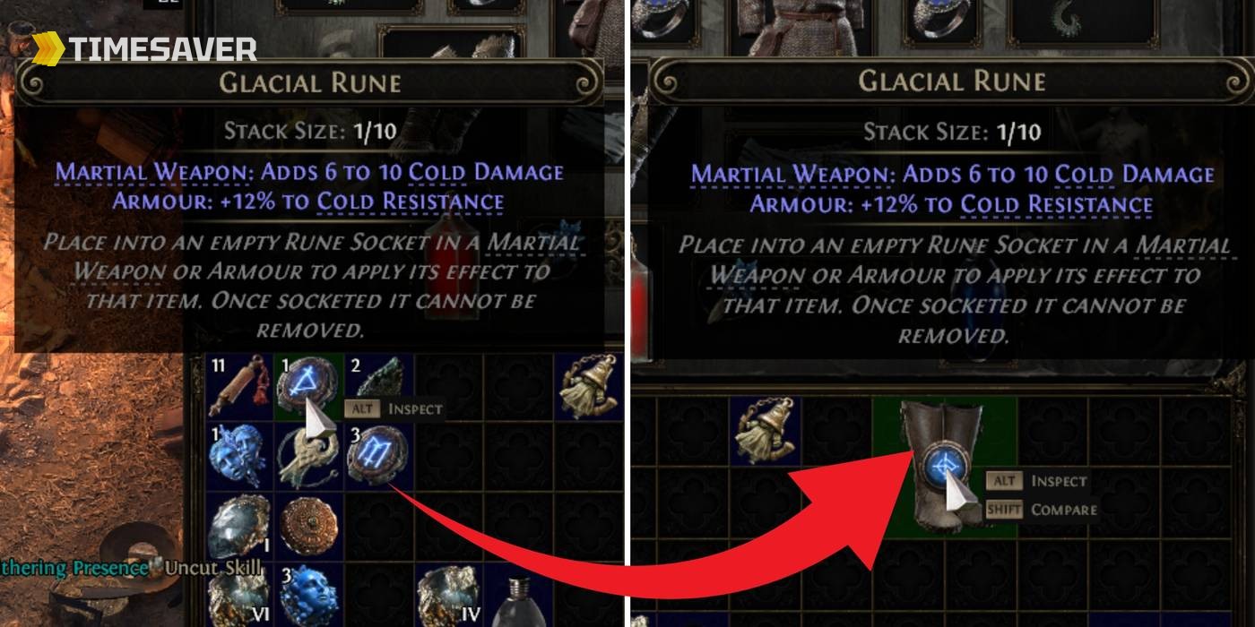 PoE2 Glacial Rune tooltip reading "Once socketed it cannot be removed," being placed into a rune socket