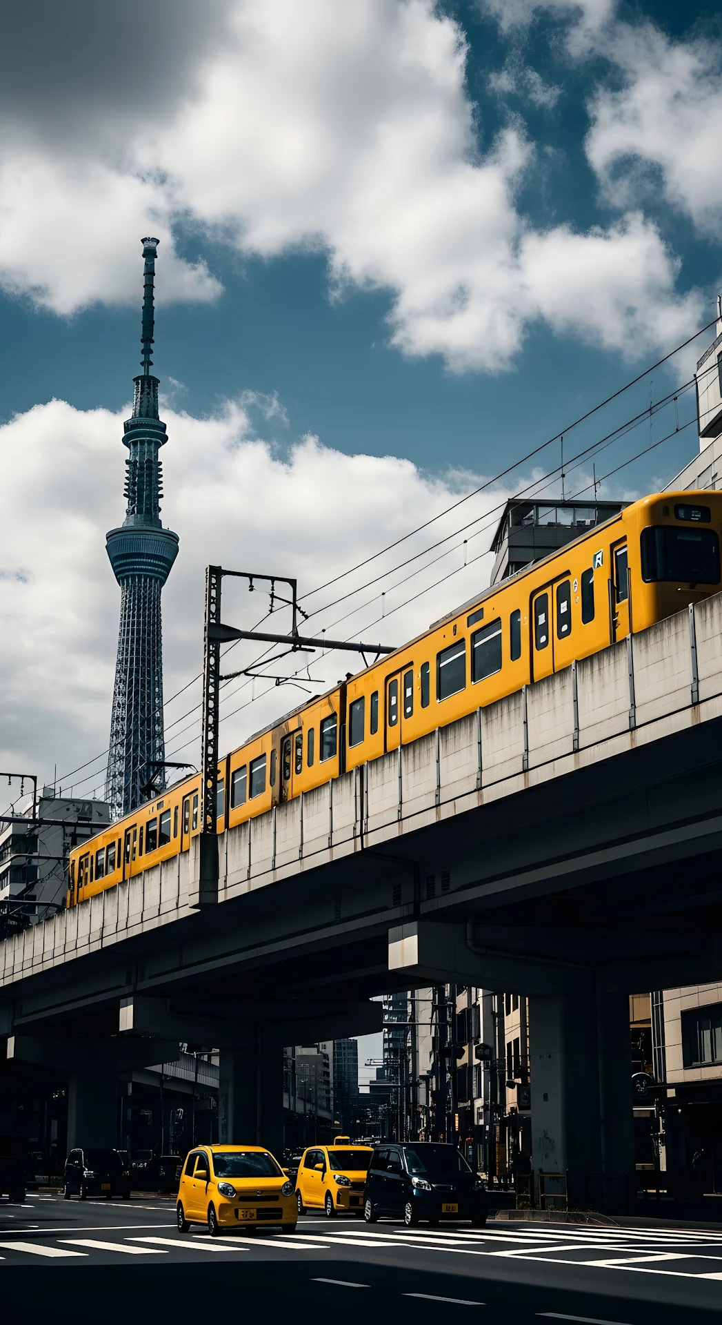 Tokyo Skytree Yellow Train Elevated City View - Free 4K mobile Wallpaper