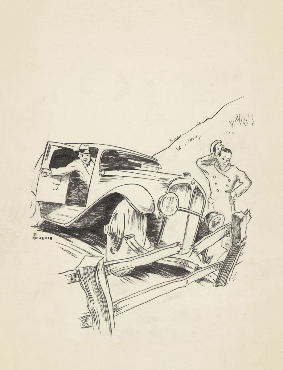 Mannen rijden met een auto tegen een hek 1930 1940