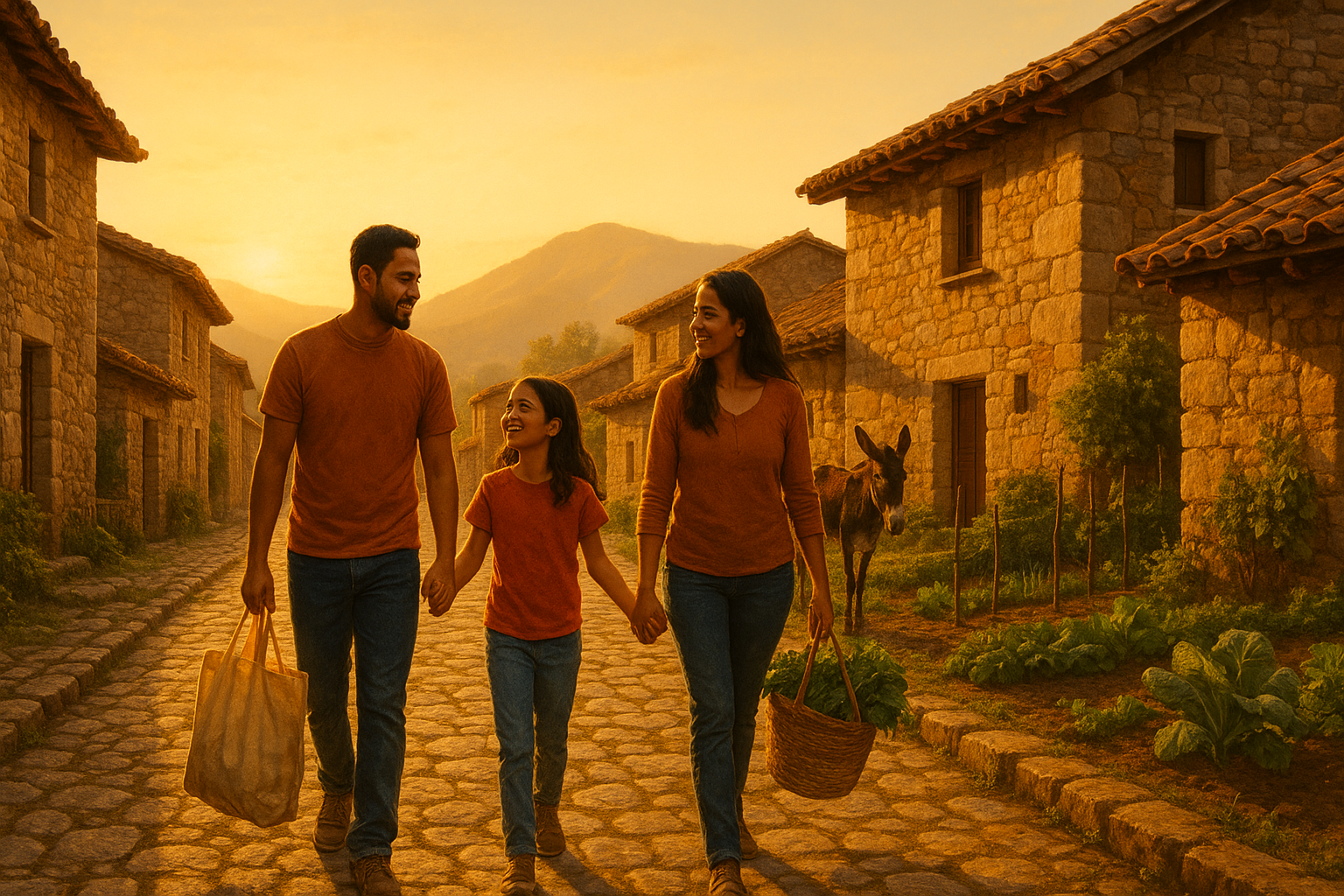 Familia venezolana caminando por un pueblo rural ibérico al amanecer, con huerto y montaña de fondo