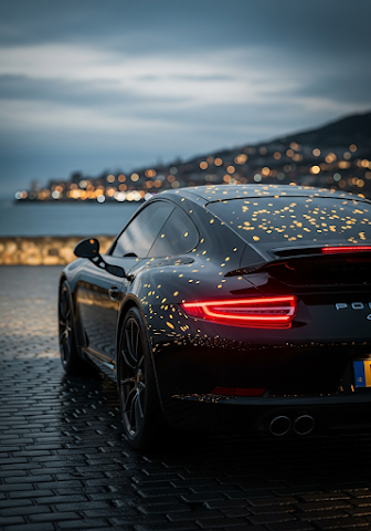 Black Porsche Coastal Night Bokeh