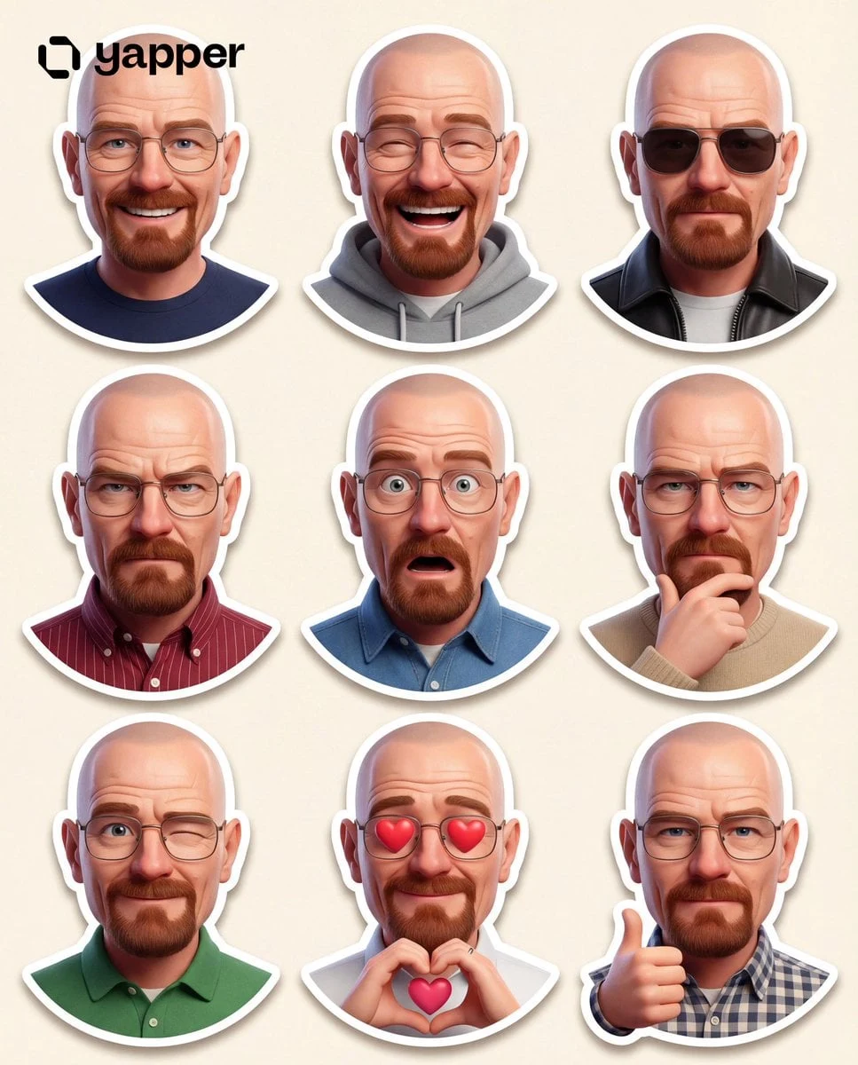 Crea un conjunto de pegatinas 3D de personajes de alta calidad al estilo Pixar que sean claramente reconocibles como la misma persona.