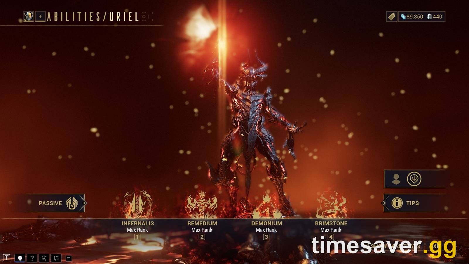 Uriel's in-game Abilities screen showing his four powers — Infernalis, Remedium, Demonium and Brimstone