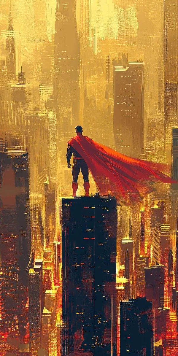 Superman Overlooking Golden Metropolis - Digital Painting iPhone Wallpaper (600x1200)