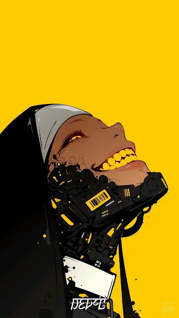 Cybernetic Nun Grin Yellow Background SciFi Illustration - Free mobile Wallpaper