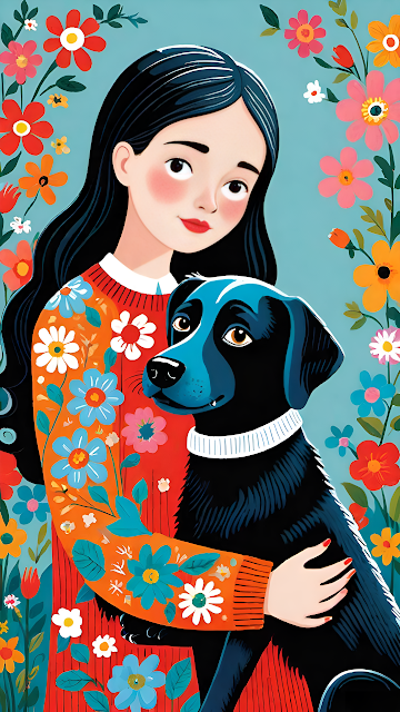 Stylized Vibrant Portrait Woman and Dog Floral Sweater