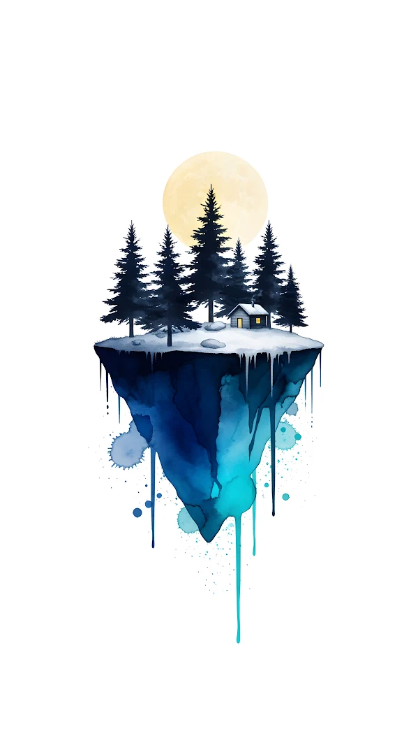 Watercolor Floating Island Winter Cabin Illustration