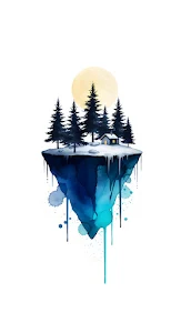 Watercolor Floating Island Winter Cabin Illustration