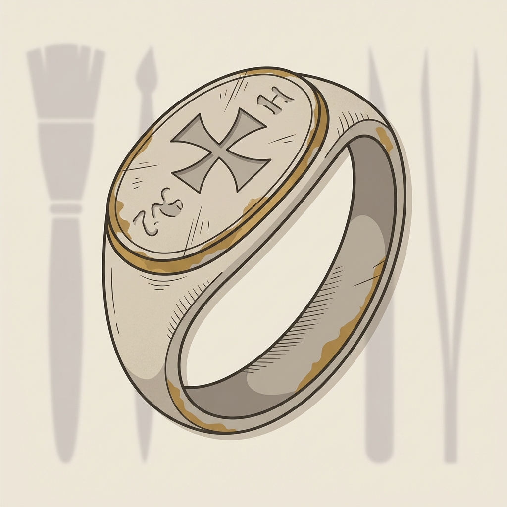 ancient knights templar ring macro vector showing bezel and shank with patina and hand finishing marks and simplified conservator tools on warm beige background
