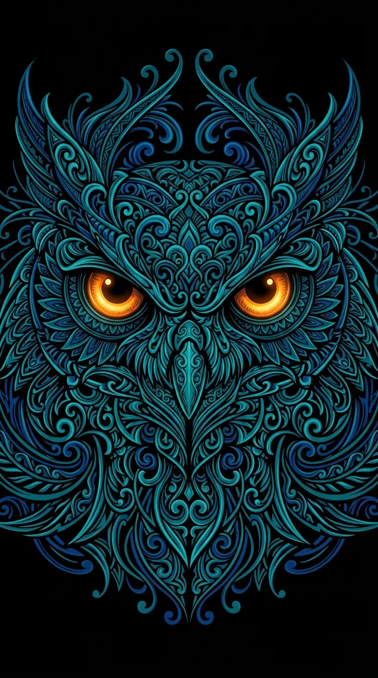 Highly Ornate Dark Blue and Teal Owl Face with Glowing Orange Eyes - Free 4K mobile Wallpaper