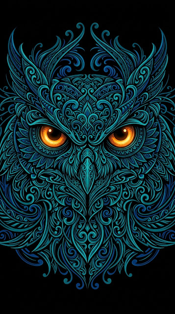 Highly Ornate Dark Blue and Teal Owl Face with Glowing Orange Eyes - Free mobile Wallpaper