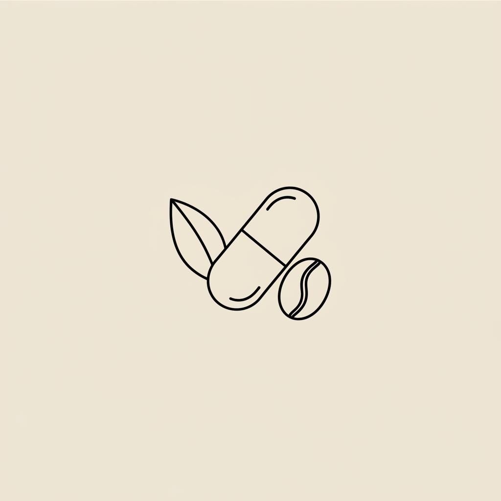 Minimal Tonum-style line illustration of a capsule, coffee bean, and tea leaf on a beige background, evoking evidence-backed ingredients for the best natural fat burning supplement.
