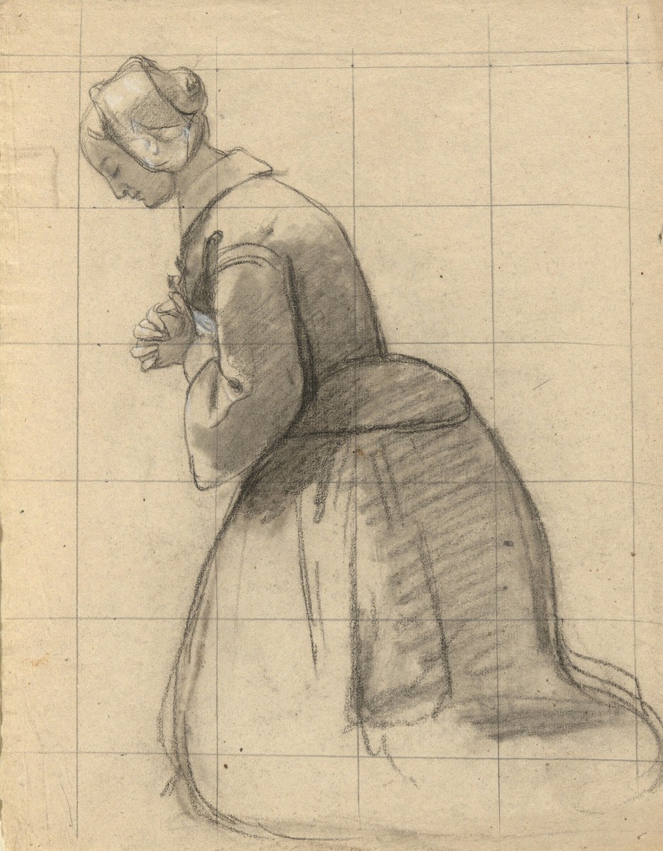 Woman praying sketch for Signing of the Compact in the Cabin of theMayflower