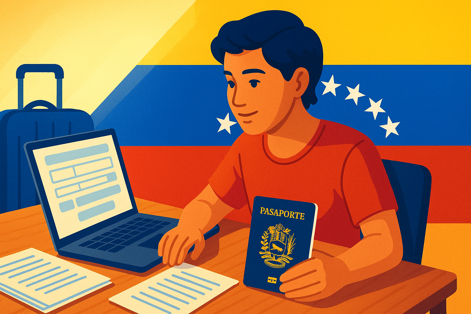 Venezolano en el exterior organizando documentos migratorios y trámites consulares