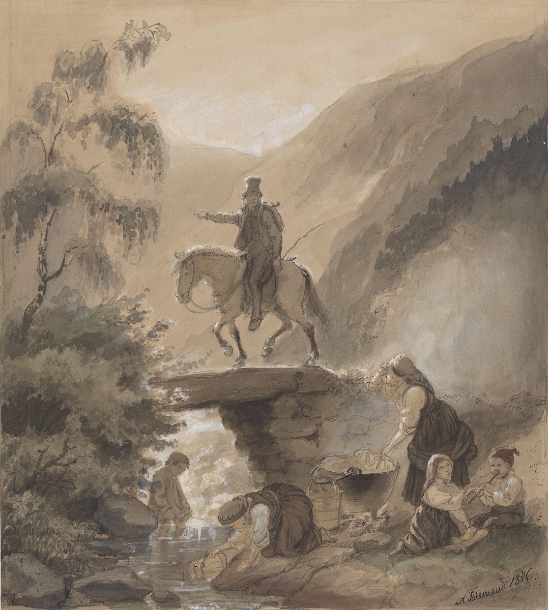 Rytter kvinner og barn ved bekk 1846