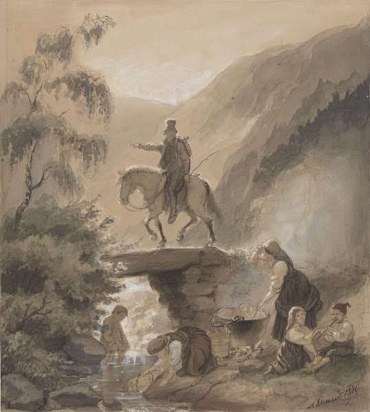 Rytter kvinner og barn ved bekk 1846