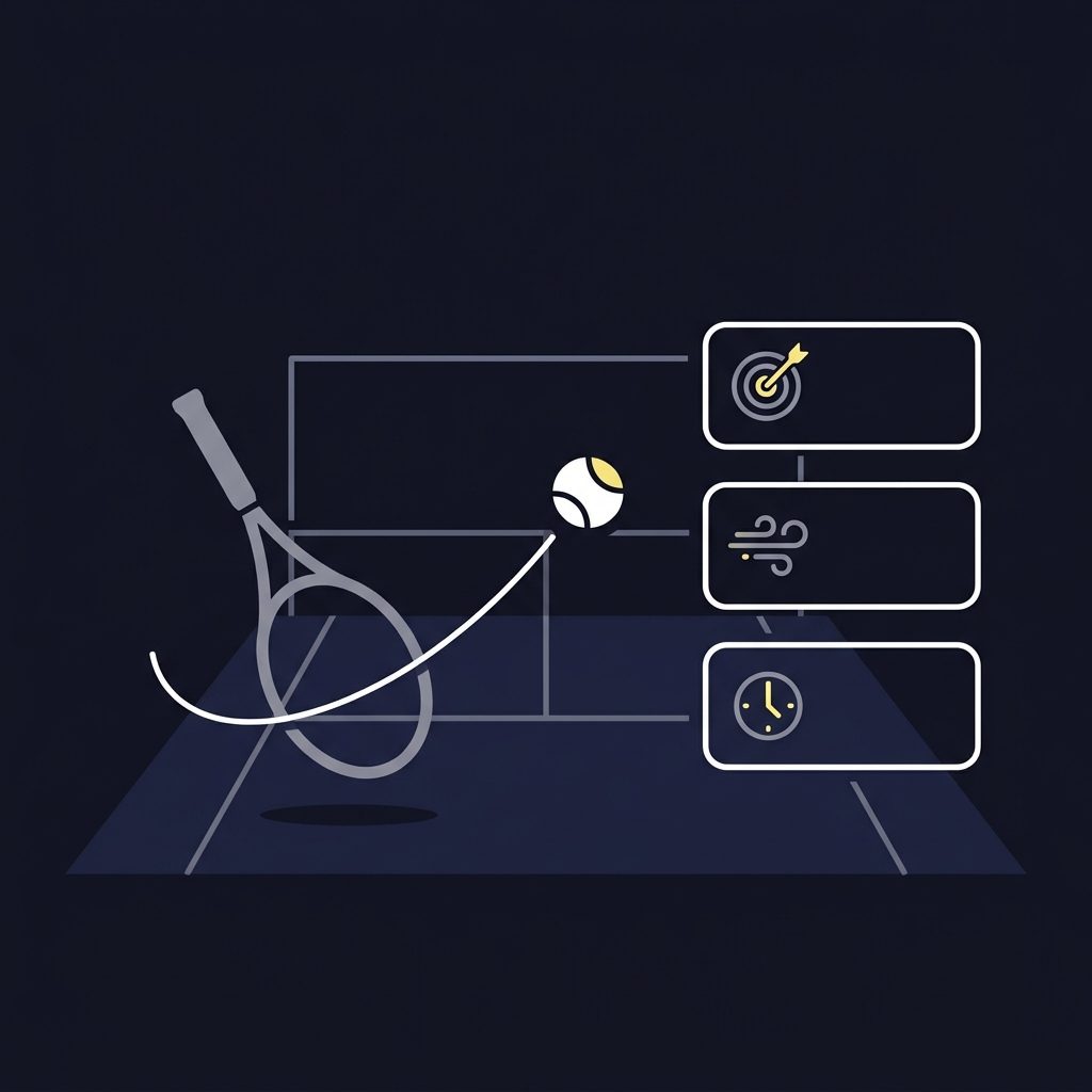 Minimalist 2D vector tennis serve scene with racket silhouette ball motion arc net and a vertical checklist of icon boxes for serve zone wind note and timing using Funded Plays colors Building a Tennis Match Research Checklist