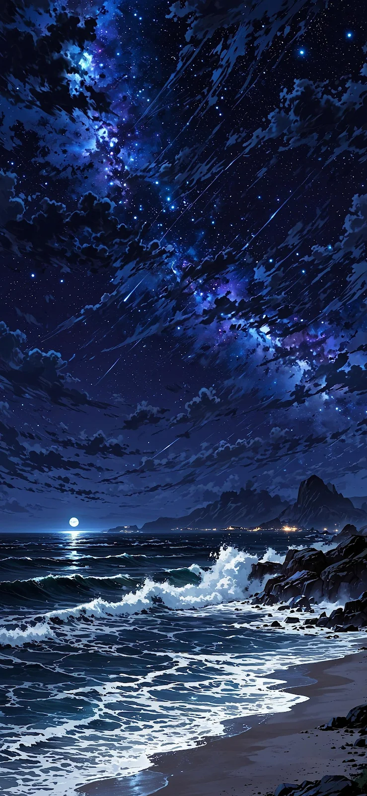Starry Night Over Ocean Shore - Anime Scenic Art 2K iPhone Wallpaper (1877x4066)