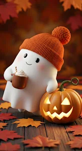 Adorable Ghost with Beanie, Hot Cocoa, and Jack-O-Lantern