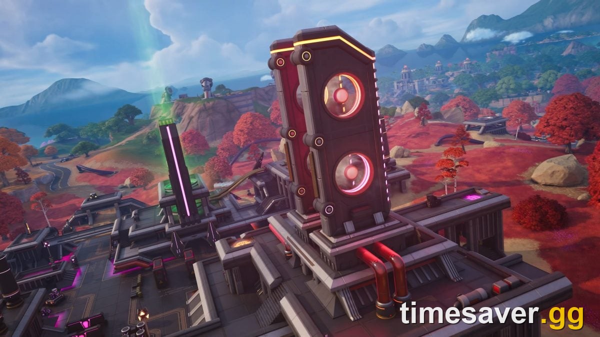 Reality's Reign, the industrial fortress POI in Fortnite Chapter 7 Season 4, with pipes, cables and glowing machinery