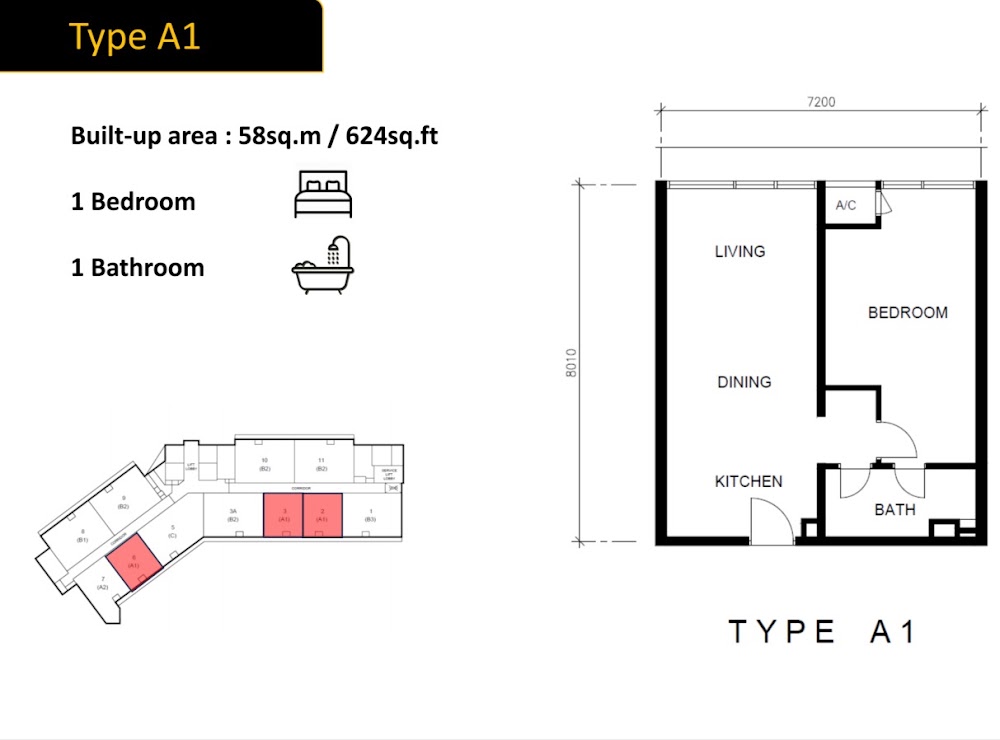 Golden Crown Type A1 floor plan — 624 sq ft, 1 bedrooms
