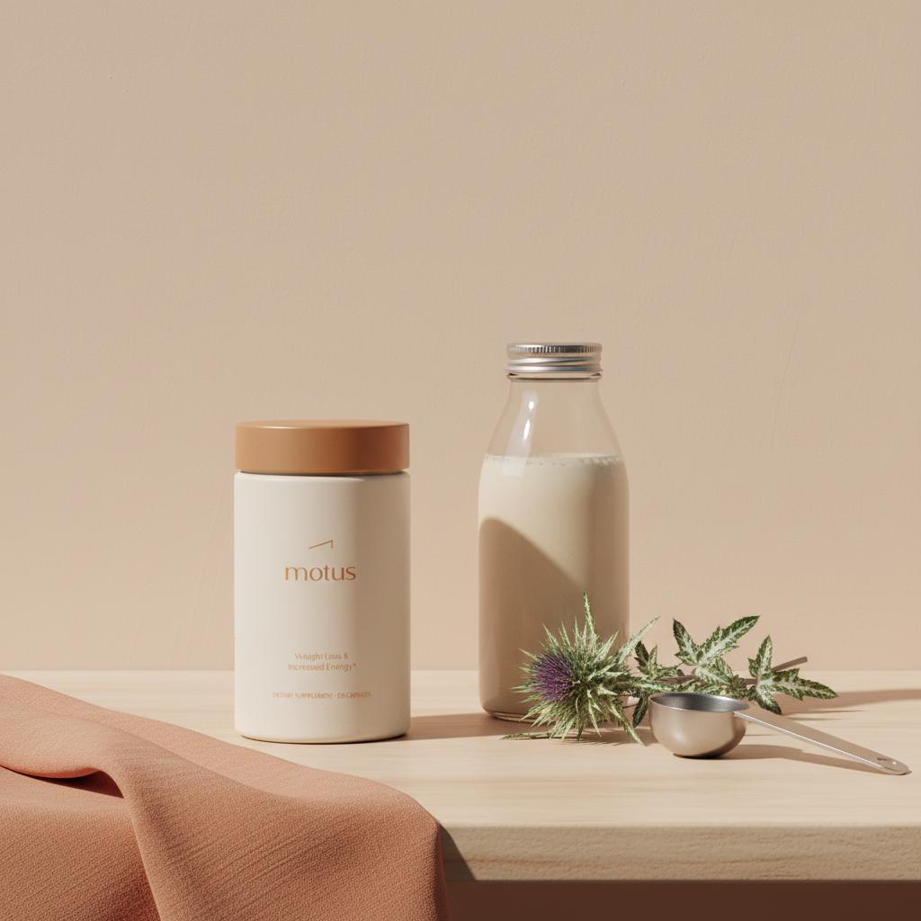 Minimalist still-life of Tonum Motus jar beside a prepared protein shake bottle, measuring scoop, and milk thistle—styled for high-protein drinks and weight loss content.
