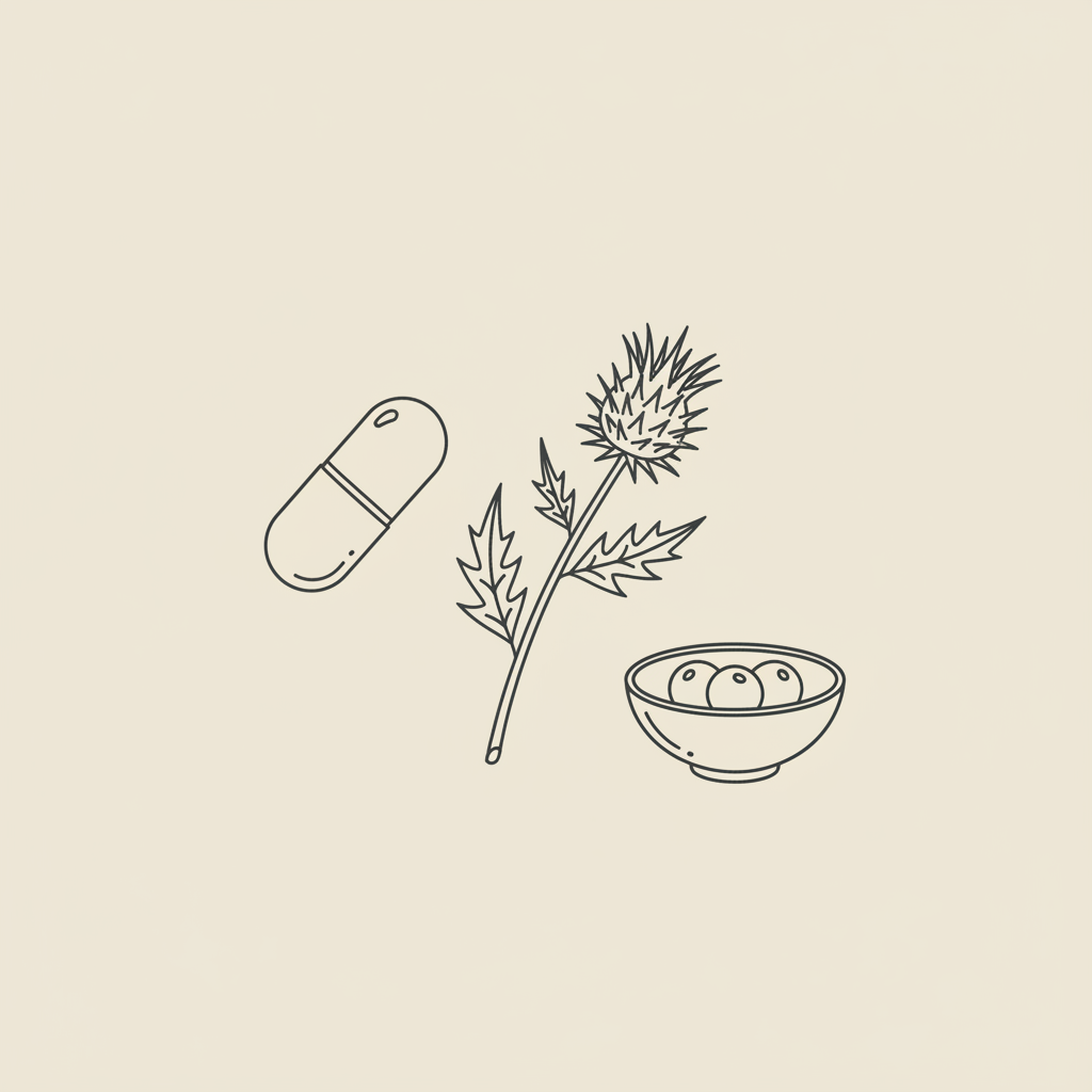 Minimal Tonum-style line illustration of a capsule, milk thistle sprig, and bowl of berries on beige background representing probiotics for weight loss